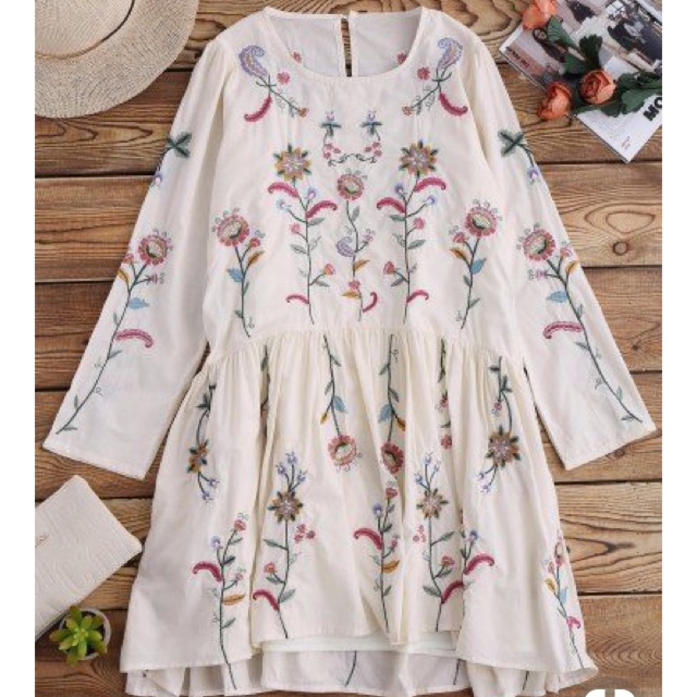 Embroidered long sleeve smock dress with slip